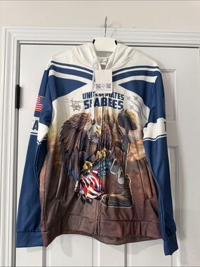 Men's Veteran US Seabees Military Graphic Zip-up Hoodie Sweatshirt Jacket Size L